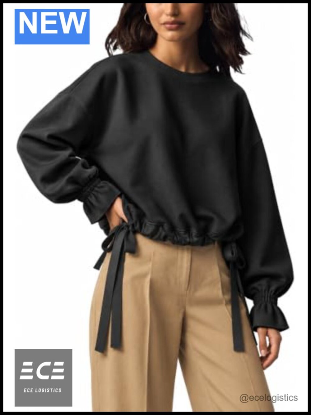 Oversized Crewneck Sweatshirt with Ruffled Cuffs & Tie Waist